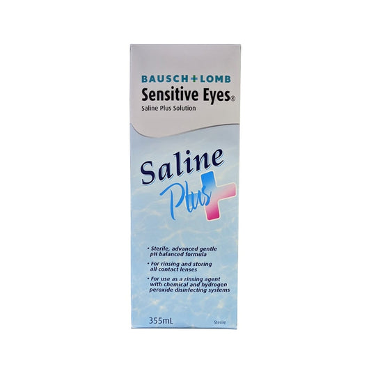 Product label for Bausch & Lomb Sensitive Eyes Saline Plus Solution (355 mL) in English