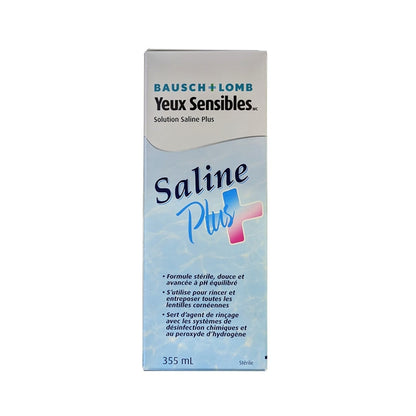 Product label for Bausch & Lomb Sensitive Eyes Saline Plus Solution (355 mL) in French