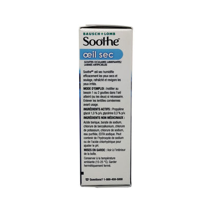 Description, directions, ingredients, and warnings for Bausch & Lomb Soothe Dry Eyes Lubricating Eye Drops (15mL) in French