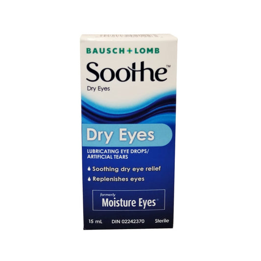 Product label for Bausch & Lomb Soothe Dry Eyes Lubricating Eye Drops (15mL) in English