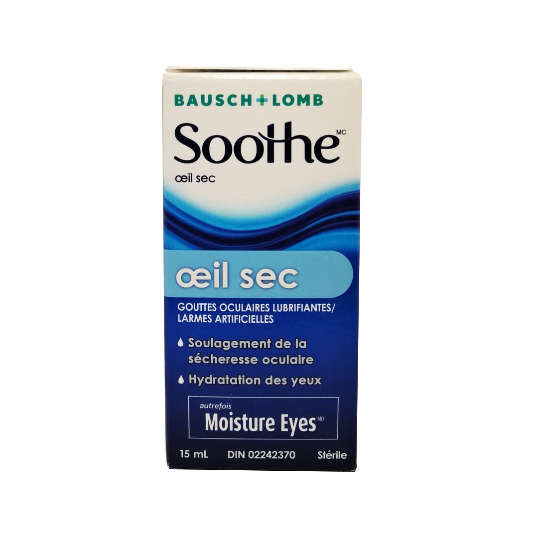 Product label for Bausch & Lomb Soothe Dry Eyes Lubricating Eye Drops (15mL) in French