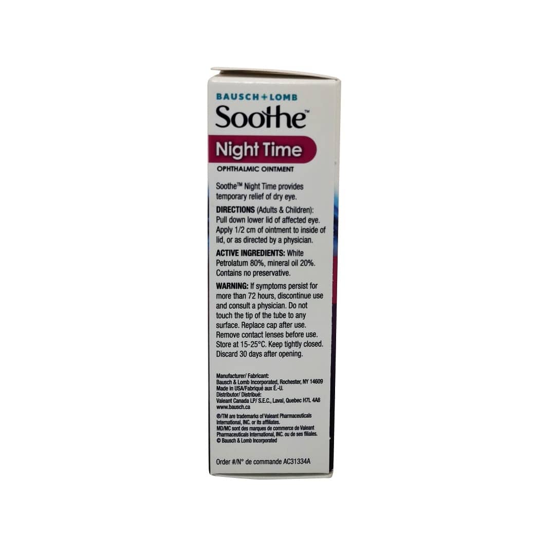 Description, directions, ingredients, and warnings for Bausch & Lomb Soothe Night Time Ophthalmic Ointment (3.5g) in English
