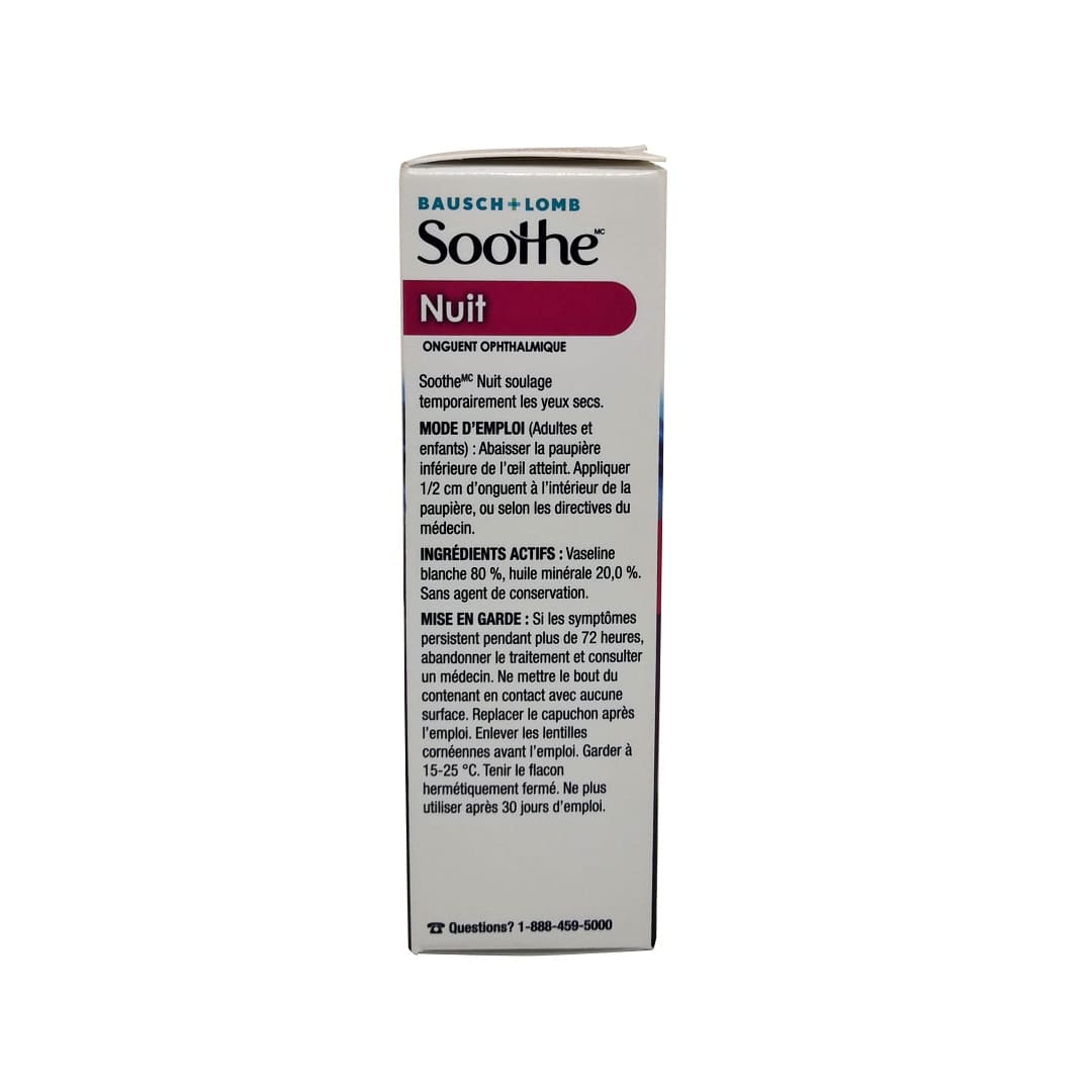 Description, directions, ingredients, and warnings for Bausch & Lomb Soothe Night Time Ophthalmic Ointment (3.5g) in French