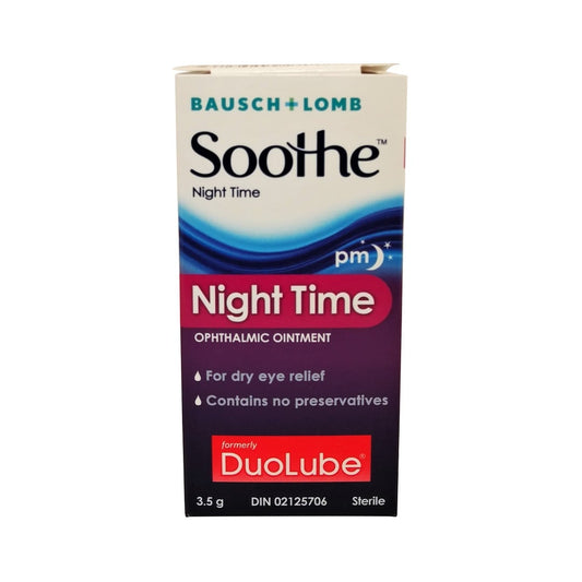 Product label for Bausch & Lomb Soothe Night Time Ophthalmic Ointment (3.5g) in English