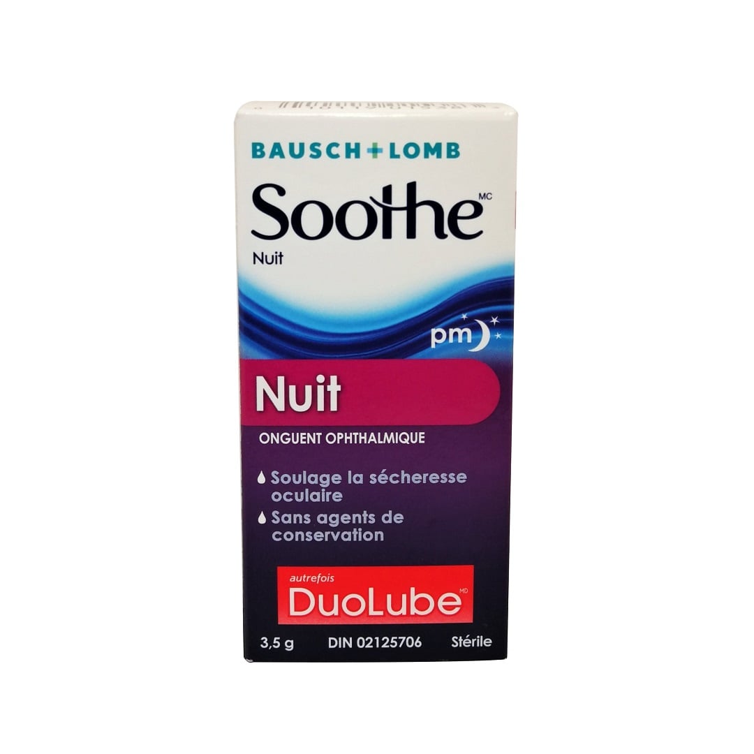 Product label for Bausch & Lomb Soothe Night Time Ophthalmic Ointment (3.5g) in French