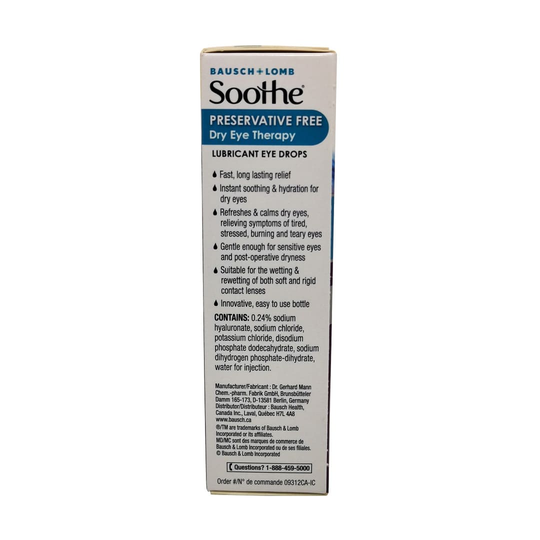 Description and ingredients for Bausch & Lomb Soothe Preservation Free Lubricant Eye Drops (10mL) in English