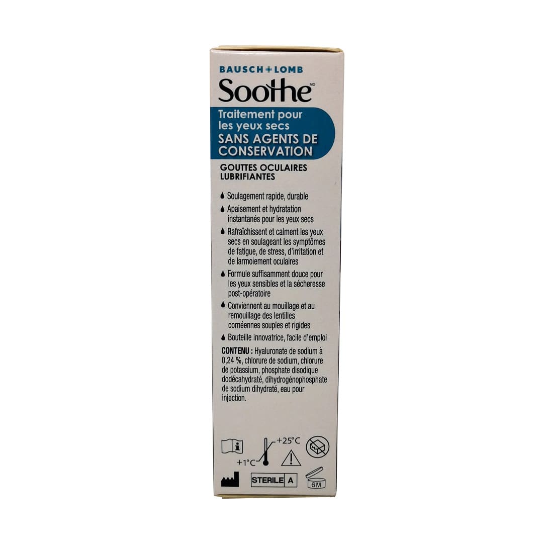 Description and ingredients for Bausch & Lomb Soothe Preservation Free Lubricant Eye Drops (10mL) in French