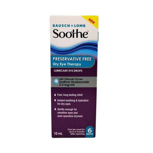 Product label for Bausch & Lomb Soothe Preservation Free Lubricant Eye Drops (10mL) in English