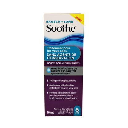 Product label for Bausch & Lomb Soothe Preservation Free Lubricant Eye Drops (10mL) in French