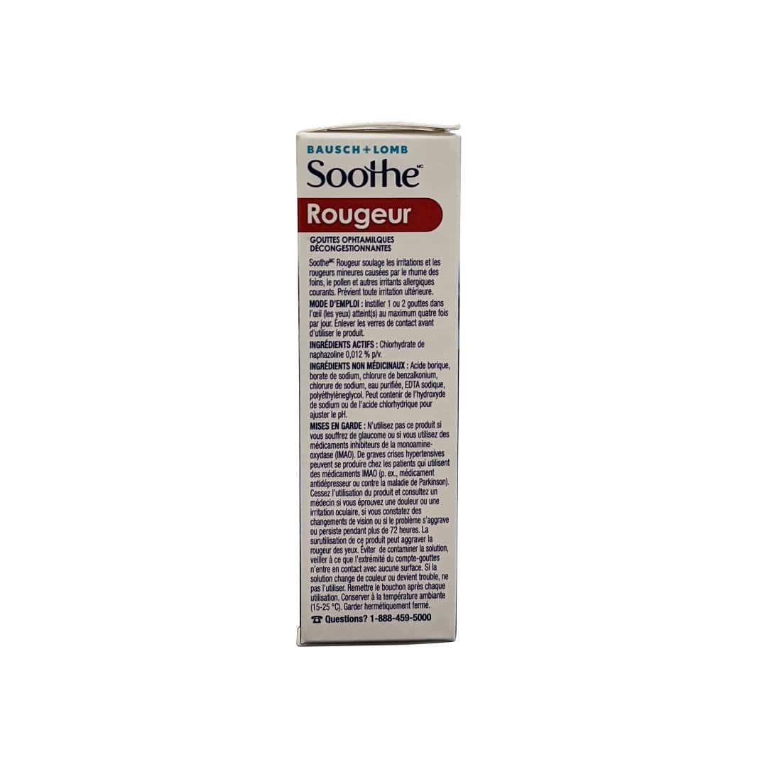 Description, directions, ingredients, and warnings for Bausch & Lomb Soothe Redness Eye Drops (15mL) in French