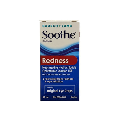 Product label for Bausch & Lomb Soothe Redness Eye Drops (15mL) in English