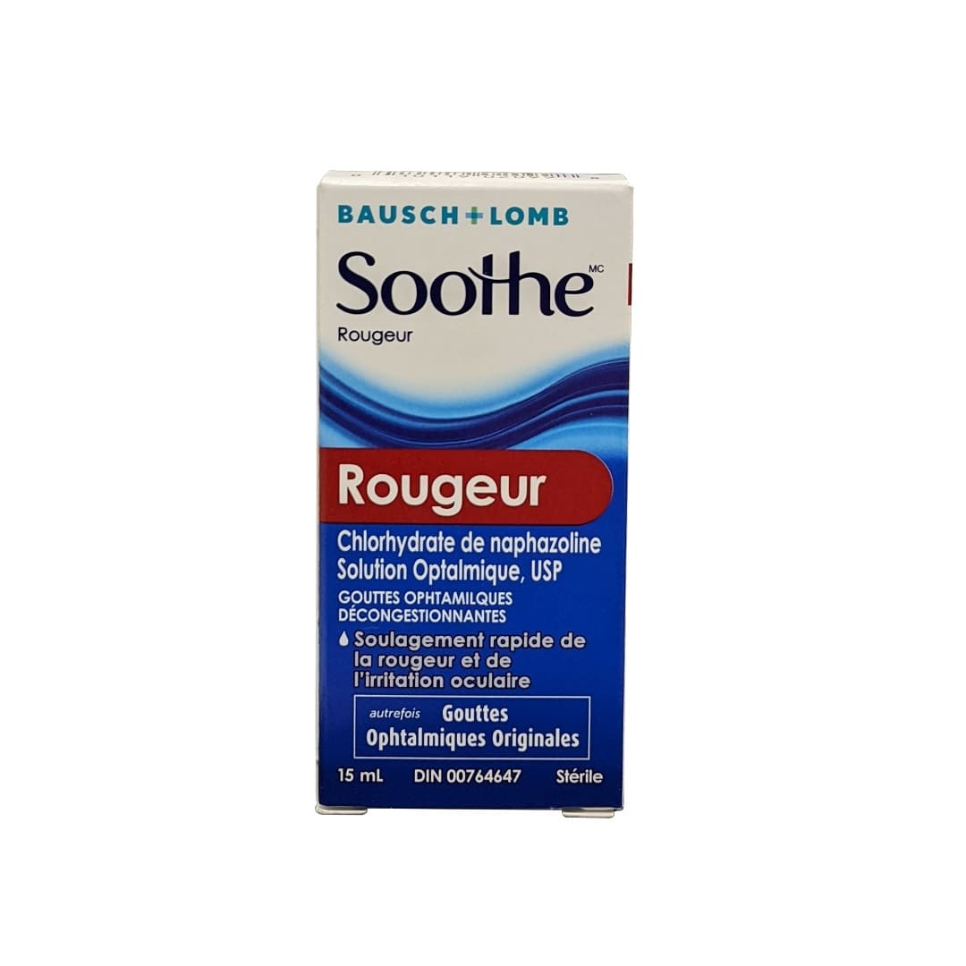 Product label for Bausch & Lomb Soothe Redness Eye Drops (15mL) in French