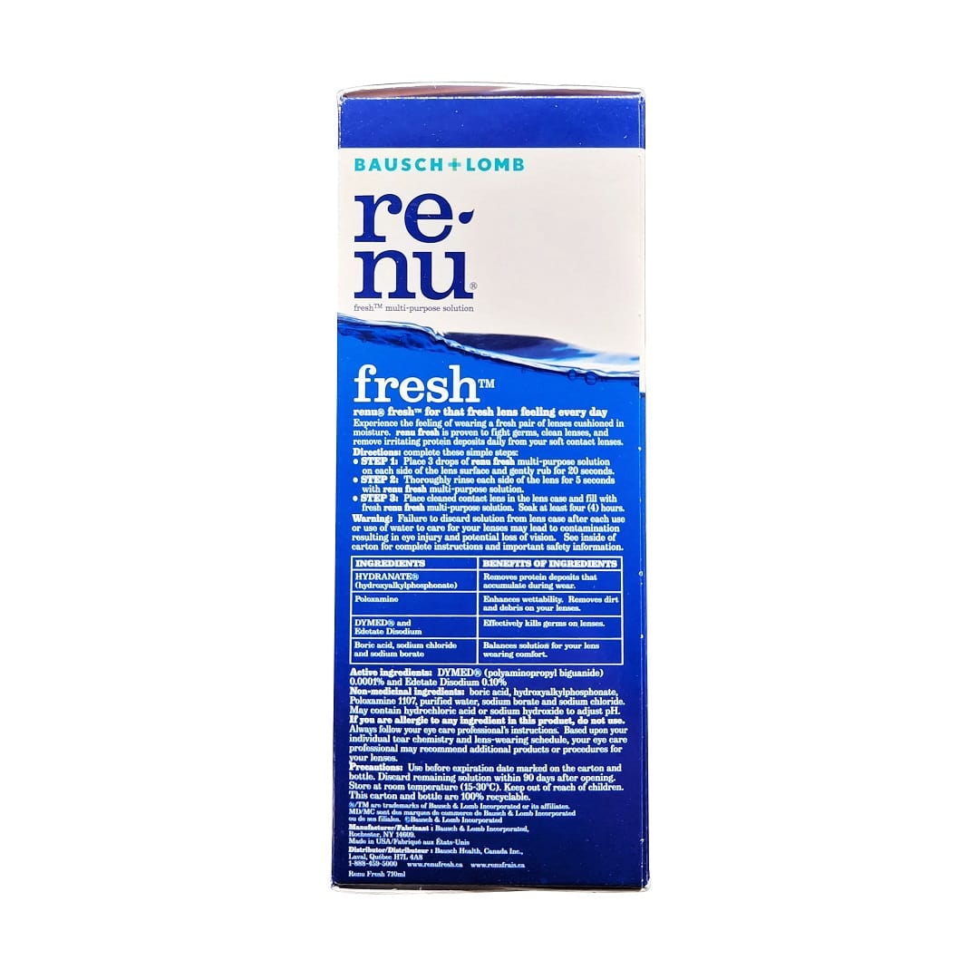 Description, directions, ingredients, cautions for Bausch & Lomb re-nu fresh Multi-Purpose Solution for Soft Contact Lenses (2 x 355 mL) in English