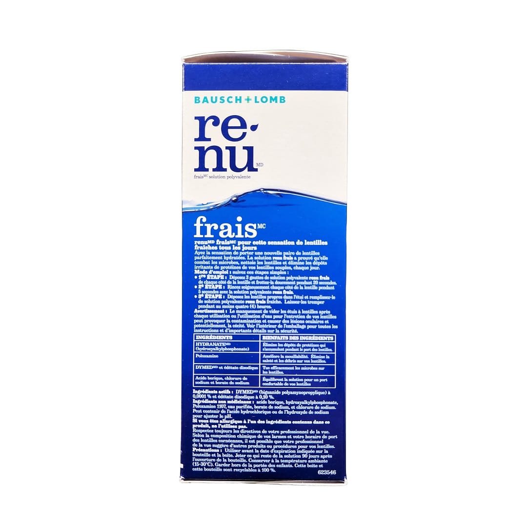 Description, directions, ingredients, cautions for Bausch & Lomb re-nu fresh Multi-Purpose Solution for Soft Contact Lenses (2 x 355 mL) in French