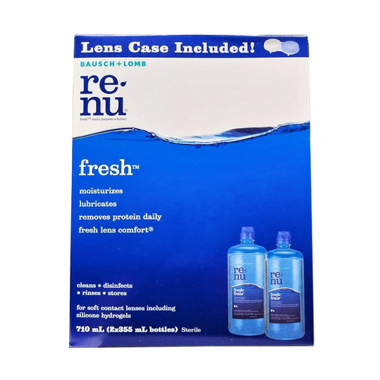 Product label for Bausch & Lomb re-nu fresh Multi-Purpose Solution for Soft Contact Lenses (2 x 355 mL) in English