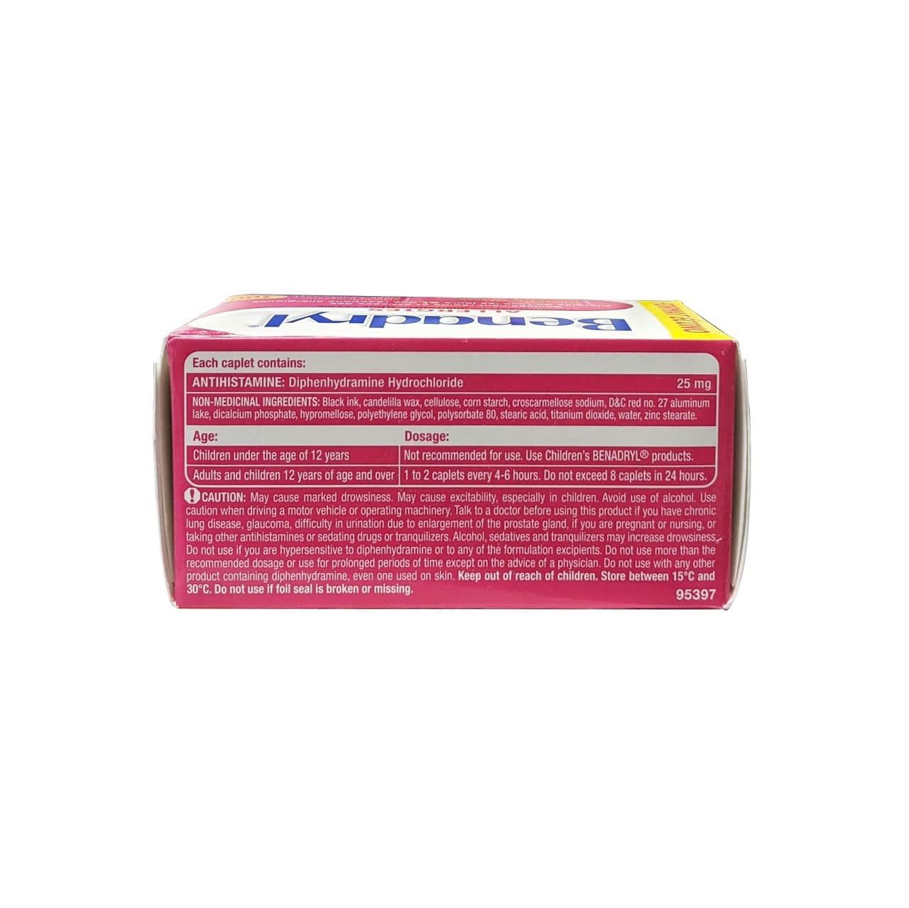 Ingredients, dose, and caution for Benadryl Allergy Caplets Diphenhydramine Hydrochloride 25 mg (100 caplets) in English