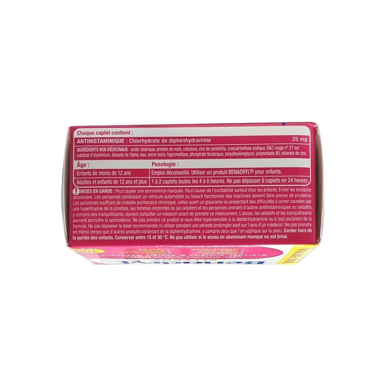 Ingredients, dose, and caution for Benadryl Allergy Caplets Diphenhydramine Hydrochloride 25 mg (100 caplets) in French