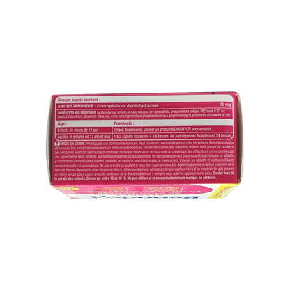 Ingredients, dose, and caution for Benadryl Allergy Caplets Diphenhydramine Hydrochloride 25 mg (100 caplets) in French