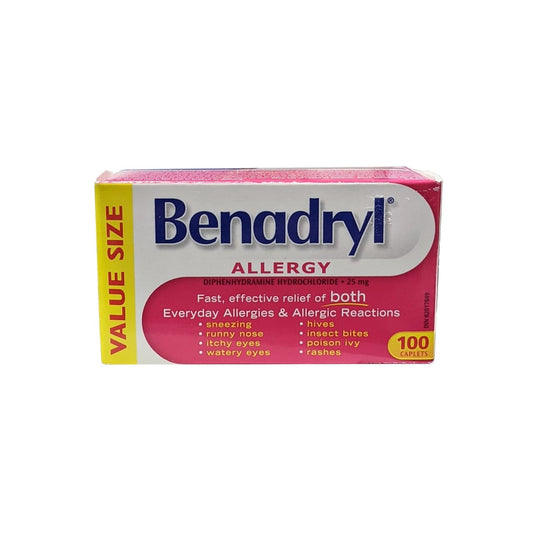 Product label for Benadryl Allergy Caplets Diphenhydramine Hydrochloride 25 mg (100 caplets) in English