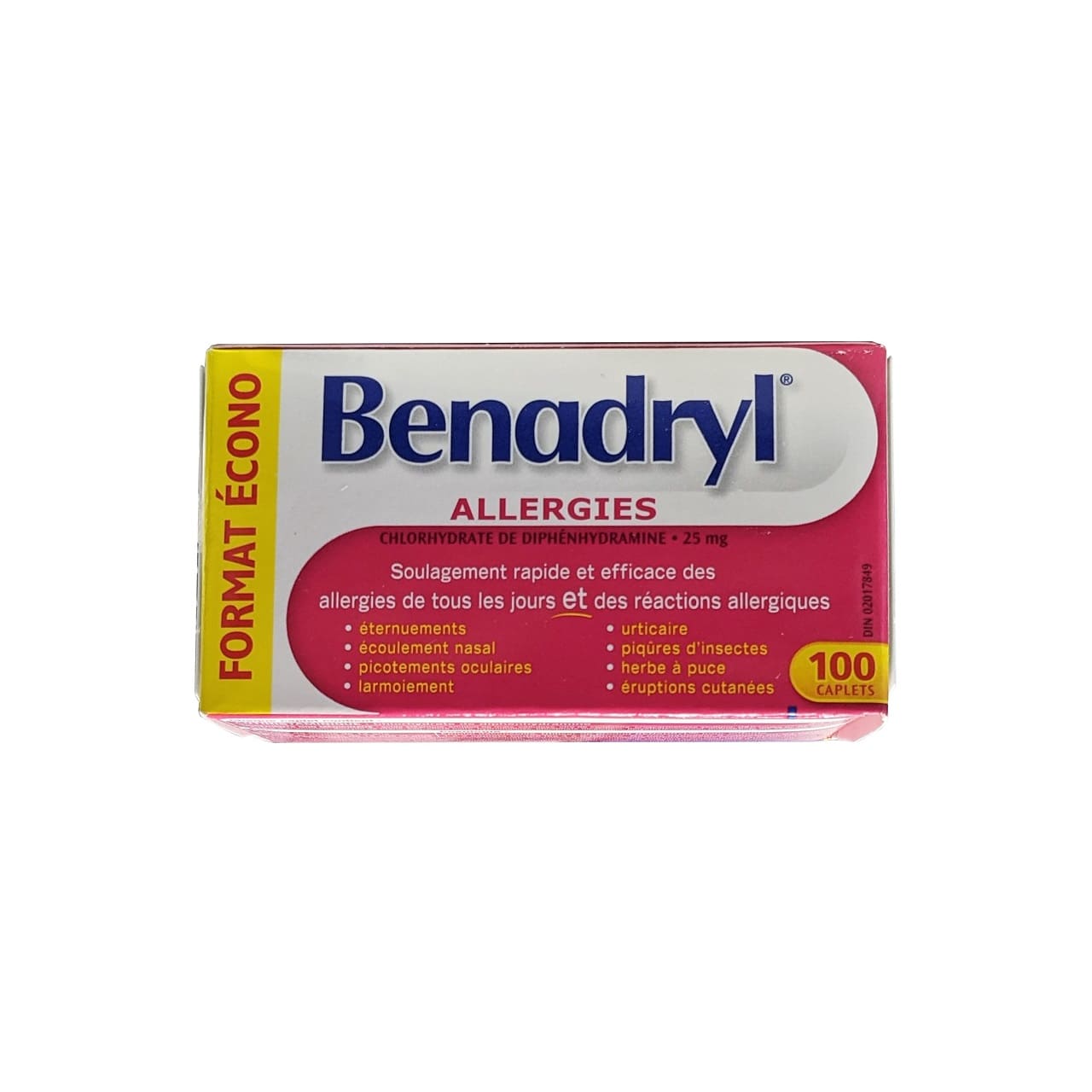 Product label for Benadryl Allergy Caplets Diphenhydramine Hydrochloride 25 mg (100 caplets) in French