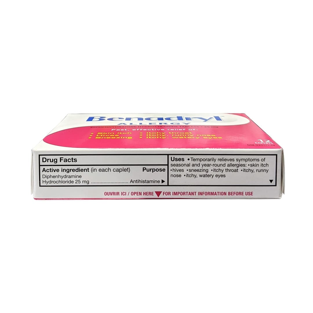 Ingredients and Uses for Benadryl Allergy Caplets Diphenhydramine Hydrochloride 25 mg (12 caplets) in English