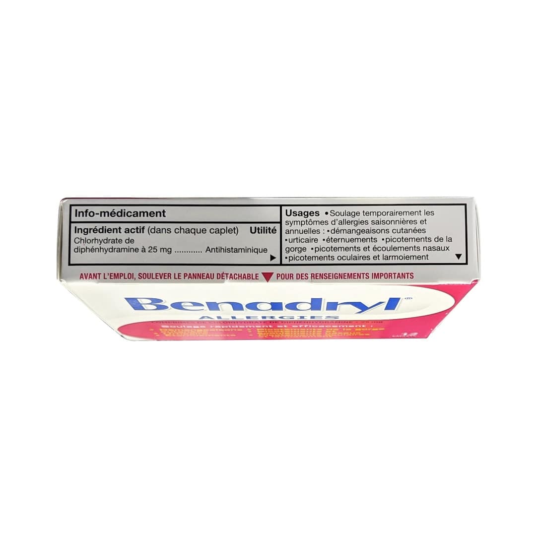 Ingredients and Uses for Benadryl Allergy Caplets Diphenhydramine Hydrochloride 25 mg (12 caplets) in French
