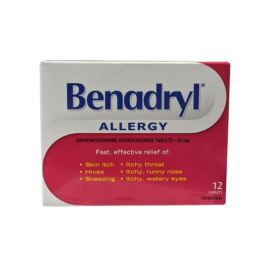 Product label for Benadryl Allergy Caplets Diphenhydramine Hydrochloride 25 mg (12 caplets) in English