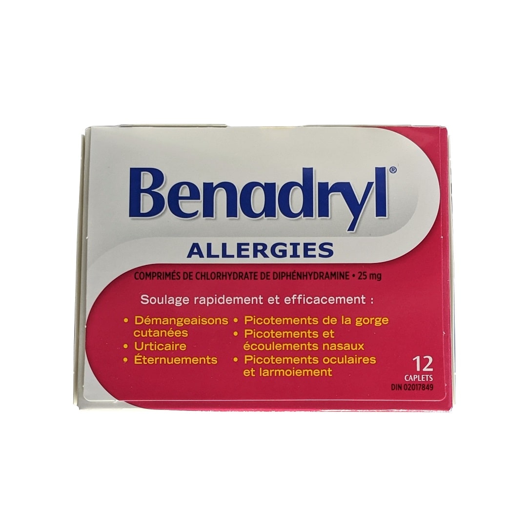 Product label for Benadryl Allergy Caplets Diphenhydramine Hydrochloride 25 mg (12 caplets) in French