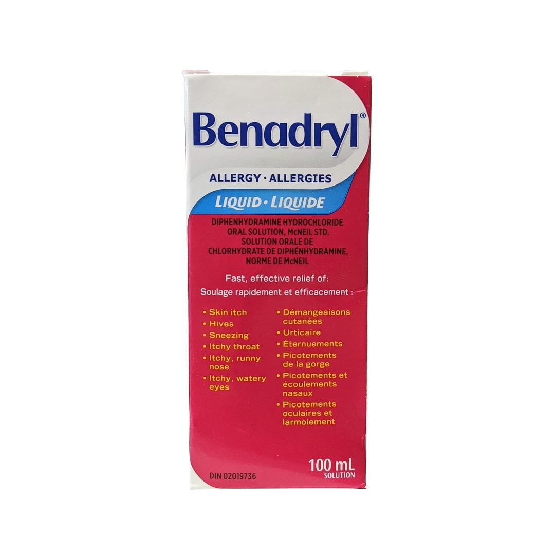 Product label for Benadryl Allergy Liquid Diphenhydramine Hydrochloride (100 mL)