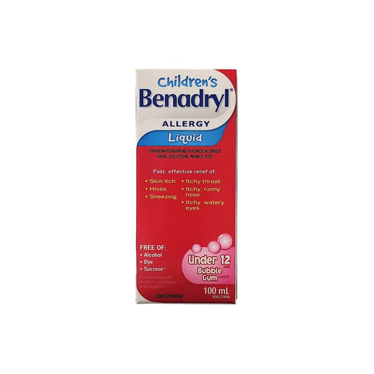 Product label for Benadryl Allergy Liquid for Children Diphenhydramine Hydrochloride Bubble Gum Flavour (100 mL) in English