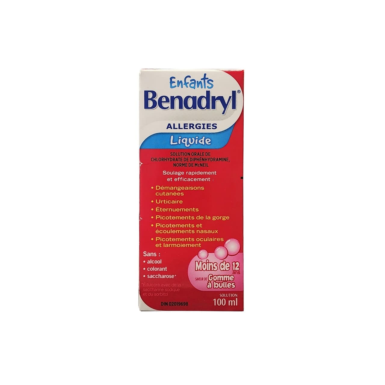 Product label for Benadryl Allergy Liquid for Children Diphenhydramine Hydrochloride Bubble Gum Flavour (100 mL) in French