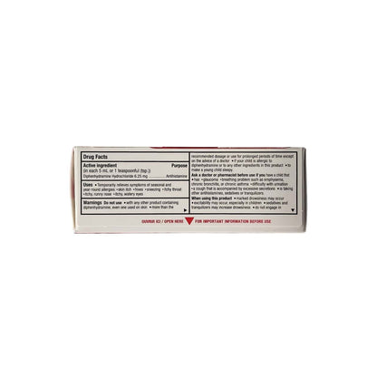 Ingredients, uses, warnings for Benadryl Allergy Liquid for Children Diphenhydramine Hydrochloride Bubble Gum Flavour (100 mL) in English