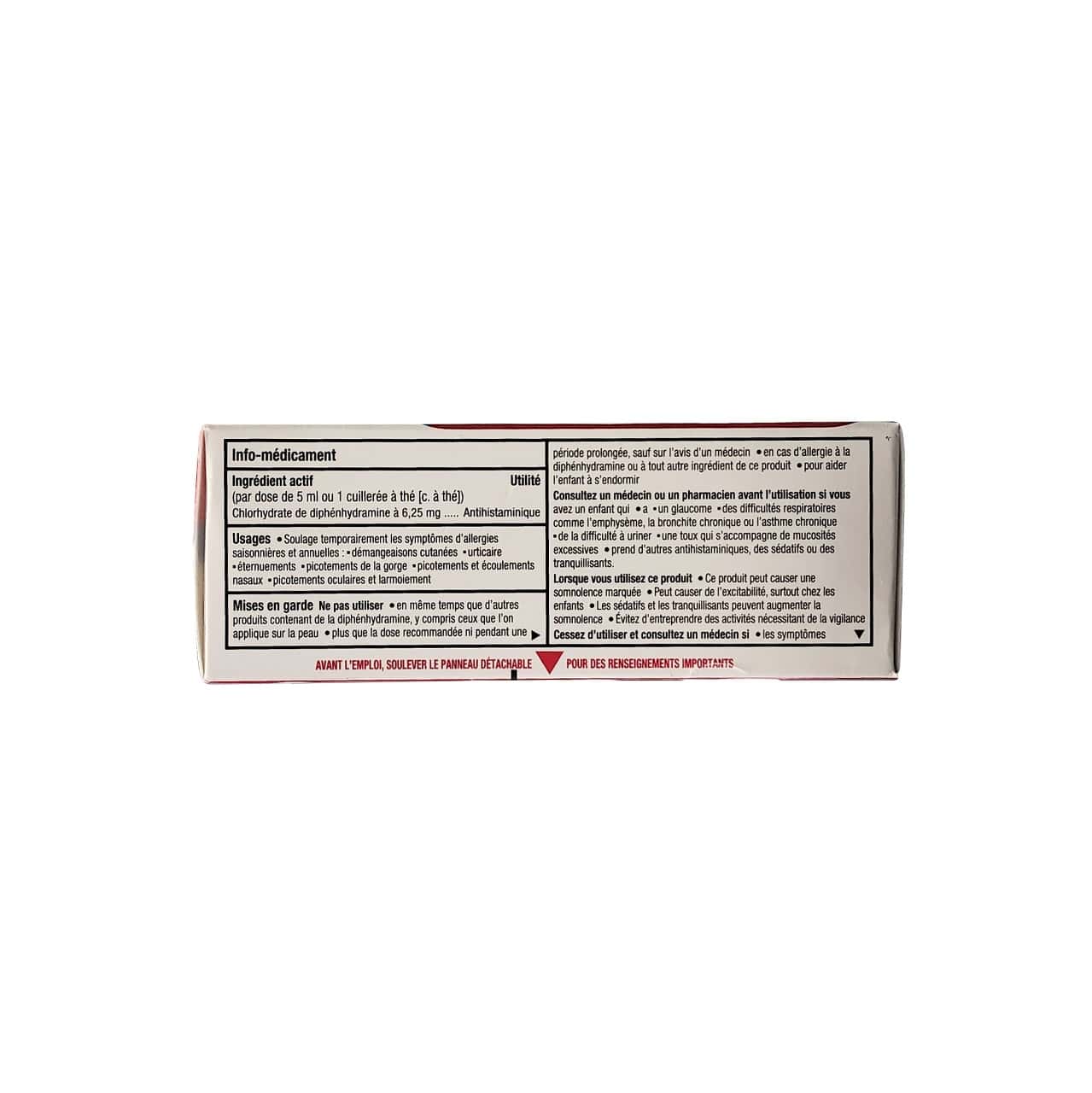 Ingredients, uses, warnings for Benadryl Allergy Liquid for Children Diphenhydramine Hydrochloride Bubble Gum Flavour (100 mL) in French