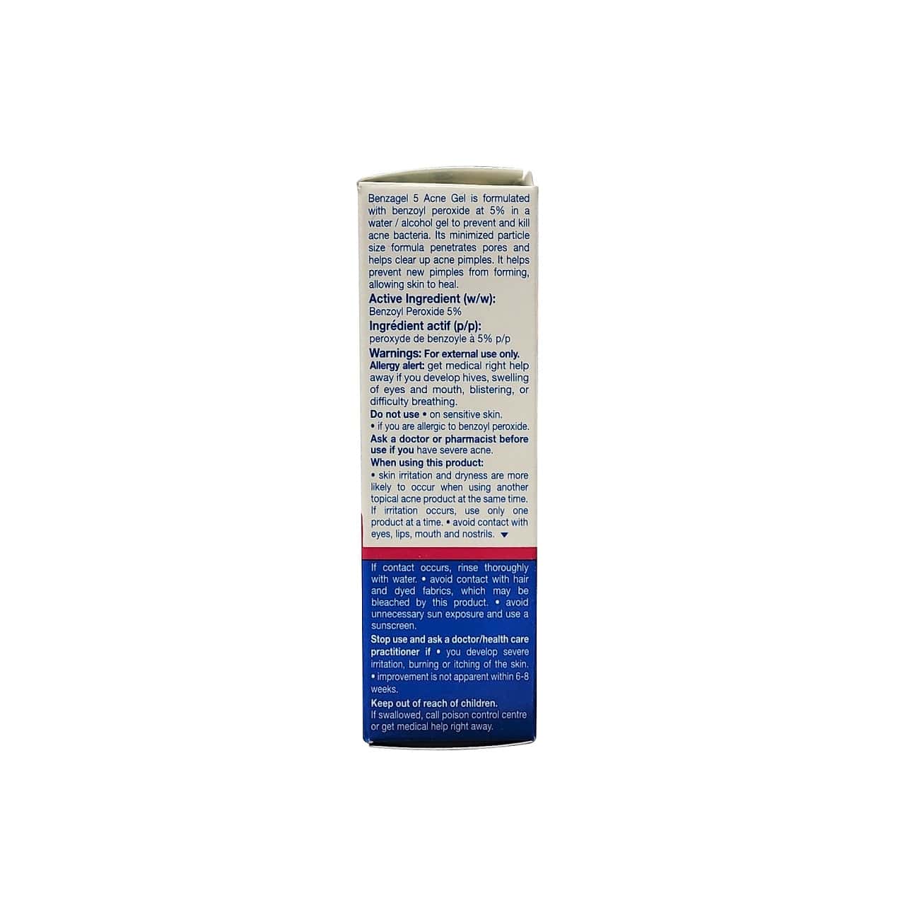 Description, ingredients, warnings for Benzagel 5 Acne Gel (15 grams) in English