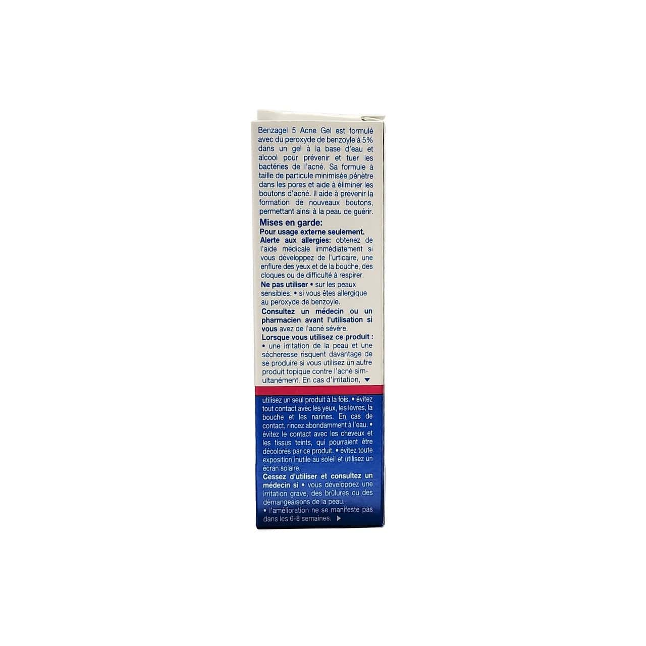 Description, ingredients, warnings for Benzagel 5 Acne Gel (15 grams) in French