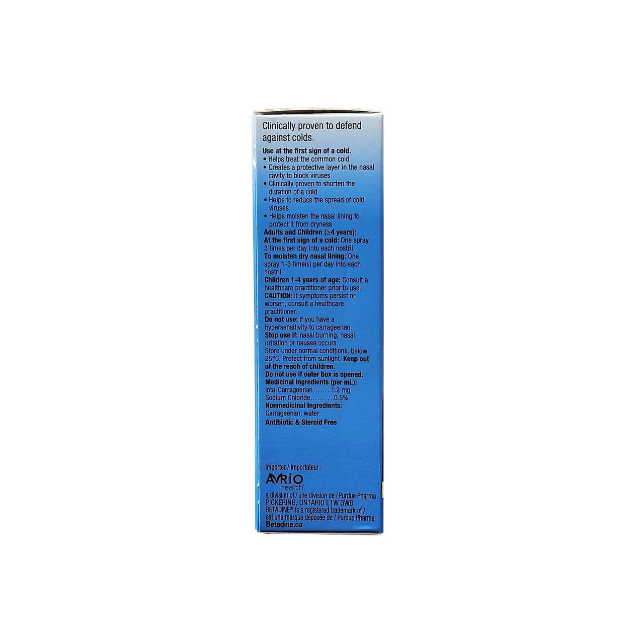 Description, directions, cautions, ingredients for Betadine Cold Defense Nasal Spray Soothing Formula (20 mL) in English