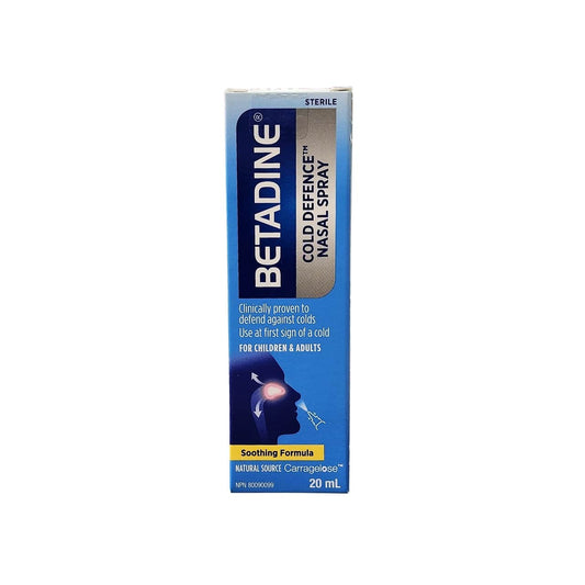 Product label for Betadine Cold Defense Nasal Spray Soothing Formula (20 mL) in English