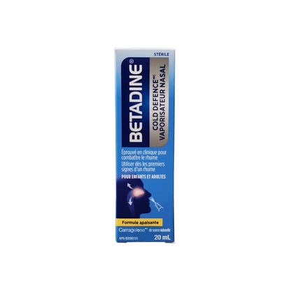 Product label for Betadine Cold Defense Nasal Spray Soothing Formula (20 mL) in French
