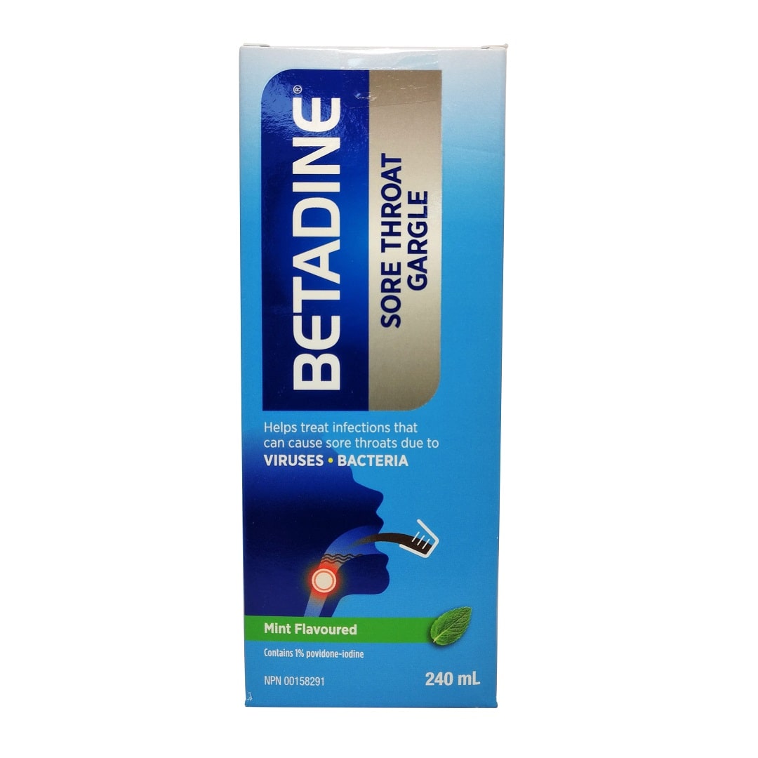 Product label for Betadine Sore Throat Gargle Mint Flavoured (240mL) in English