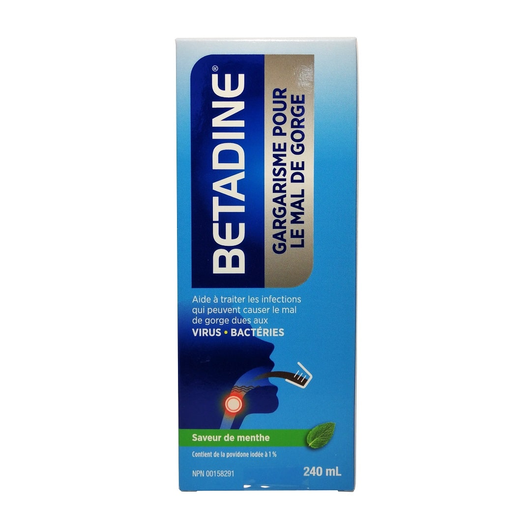 Product label for Betadine Sore Throat Gargle Mint Flavoured (240mL) in French