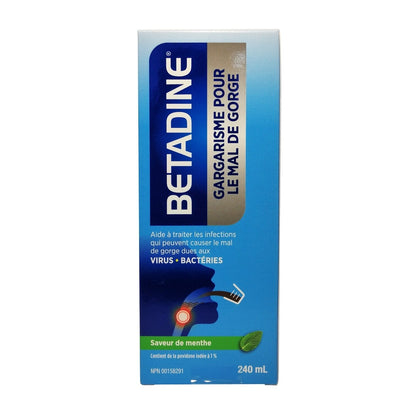 Product label for Betadine Sore Throat Gargle Mint Flavoured (240mL) in French