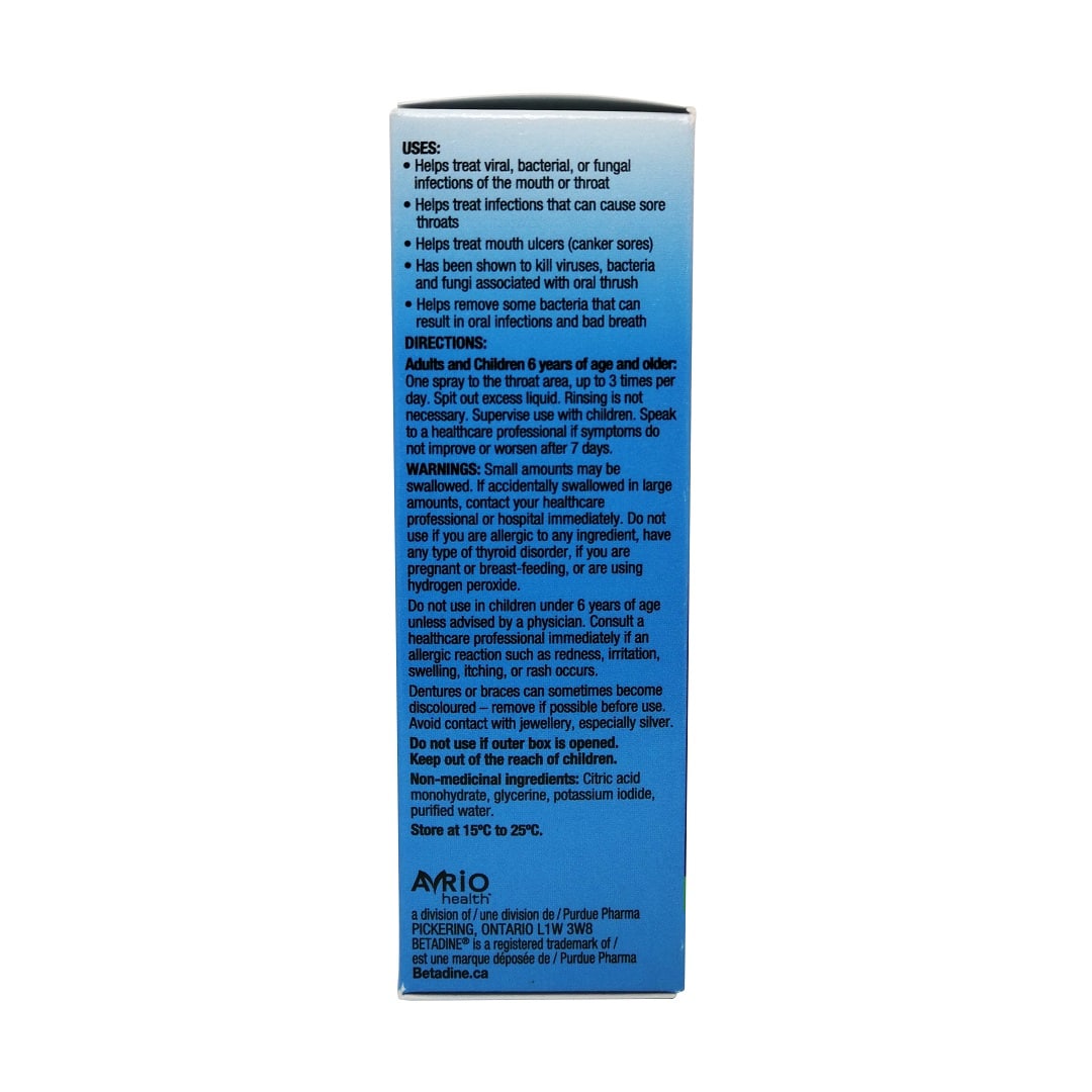 Uses, directions, ingredients, and warnings for Betadine Sore Throat Spray (50mL) in English