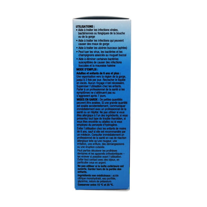 Uses, directions, ingredients, and warnings for Betadine Sore Throat Spray (50mL) in French
