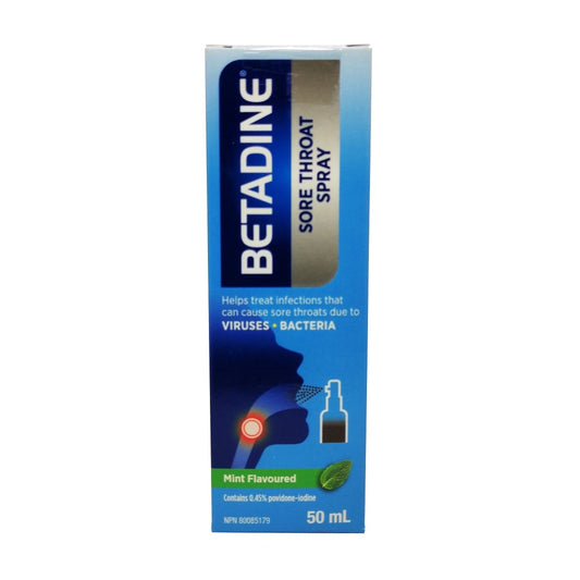 Product label for Betadine Sore Throat Spray (50mL) in English