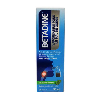 Product label for Betadine Sore Throat Spray (50mL) in French