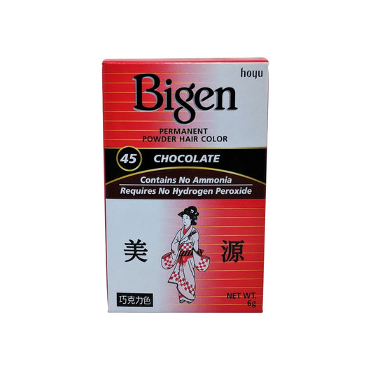 Product label for Bigen Permanent Powder Hair Colour #45 Chocolate (6 grams) in English