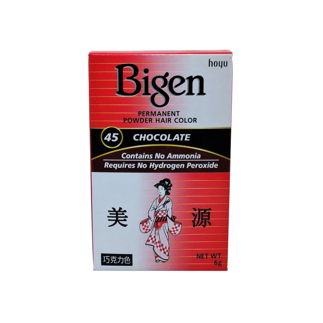 Product label for Bigen Permanent Powder Hair Colour #45 Chocolate (6 grams) in English