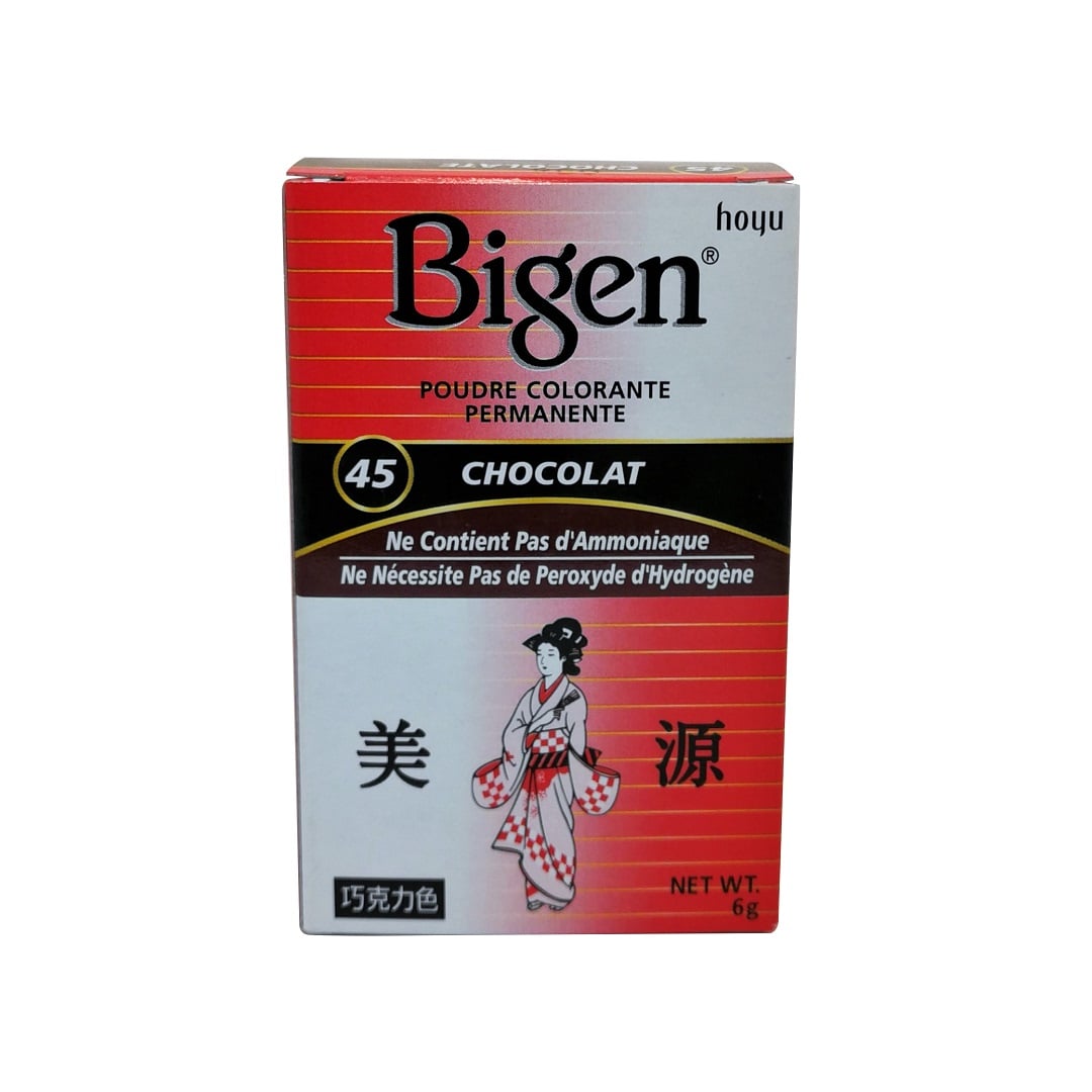 Product label for Bigen Permanent Powder Hair Colour #45 Chocolate (6 grams) in French