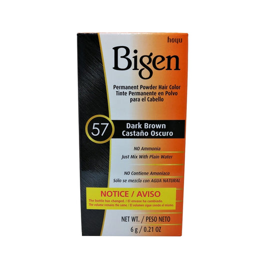 Product label for Bigen Permanent Powder Hair Colour #57 Dark Brown (6 grams) in English and Spanish