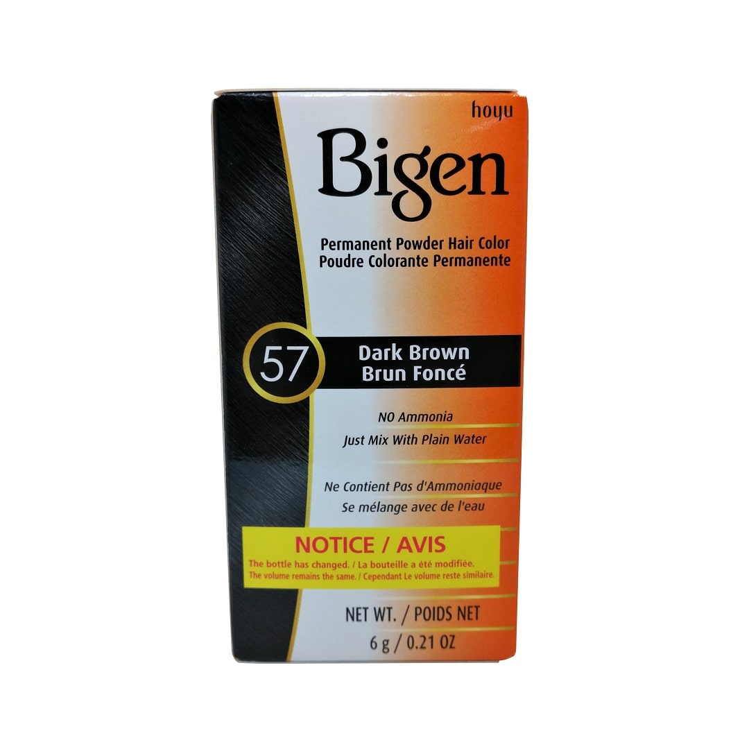Product label for Bigen Permanent Powder Hair Colour #57 Dark Brown (6 grams) in English and French